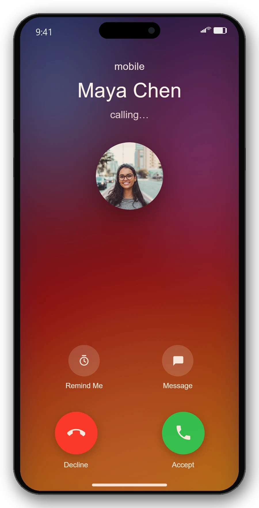 iOS-style incoming call from Maya Chen