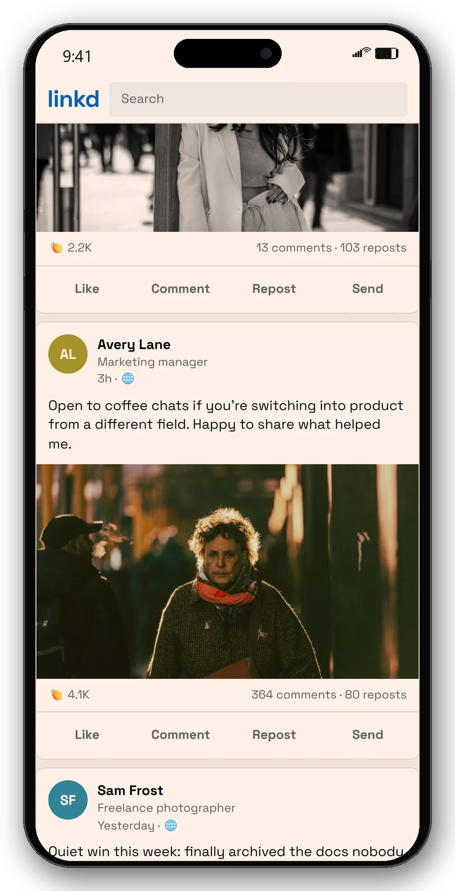 linkd-style professional feed with filled posts